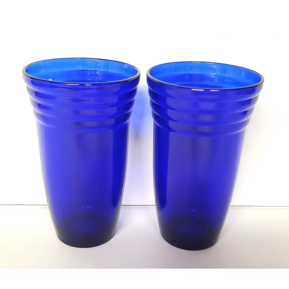 Vintage  Cobalt Blue Glass Tumblers Bormioli Rocco Highball Glasses Saphir QTY 2